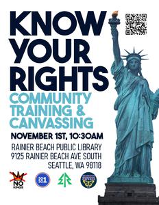 Flyer for Nov 1, 2025 Seattle Know Your Rights Community Training and Canvassing Event