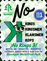 Flyer for the Evergreen Resistance/Clark County 50501 No Kings 3 event.  A backwards green letter K with large eyes and a smile looks at text saying 'No' with the list of Kings, Kingsmen, Klansmen, Kops.  Below is the text 'No Kings 3! Mutual Aid, Education, Resources.  Saturday March 28th at 12:00 - 4:00pm. Vancouver Waterfront Park'