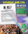 Saturday June 27th.  All of U.S. Rain or Shine!  Come wave your signs to support Pride, support Diversity, support Disability rights.  10:30 - 11:30 sign wave at Legion and Capitol.  Walk together (sidewalks only) to the Saturday Pride Fest (Percival Landing) cheering and chanting.  Bring signs, maybe costumes, umbrellas, good spirits!